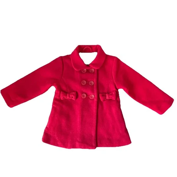 Gymboree Girls 2T Red Pea Coat Bows Double Breasted Christmas Holiday - Picture 2 of 11
